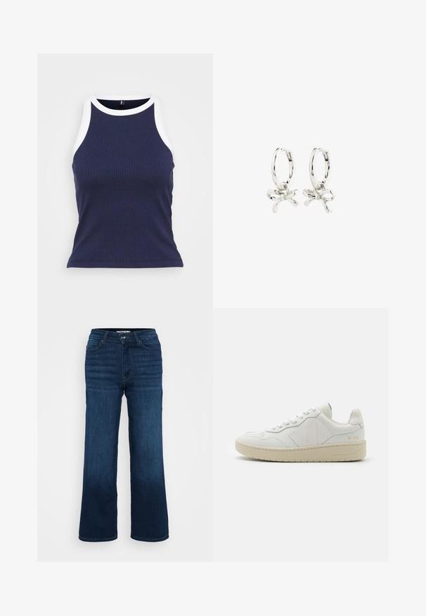 Granatowy podkoszulek o ryflowanym wzorze z białym kontrastowym wykończeniem wzdłuż dekoltu i otworów na ramiona. Dopasowany krój i miękka tkanina o gładkiej teksturze.; ONLY Petite ONLMADISON WIDE ciemnoniebieski; Białe skórzane sneakersy z perforowanym przodkiem, kontrastującą beżową gumową podeszwą oraz akcentami logo po bokach i na pięcie. Minimalistyczny design.; Srebrne kolczyki koła z motywem kokardy, o gładkim wykończeniu i polerowanej fakturze. Kompaktowy, minimalistyczny styl odpowiedni na różne okazje.