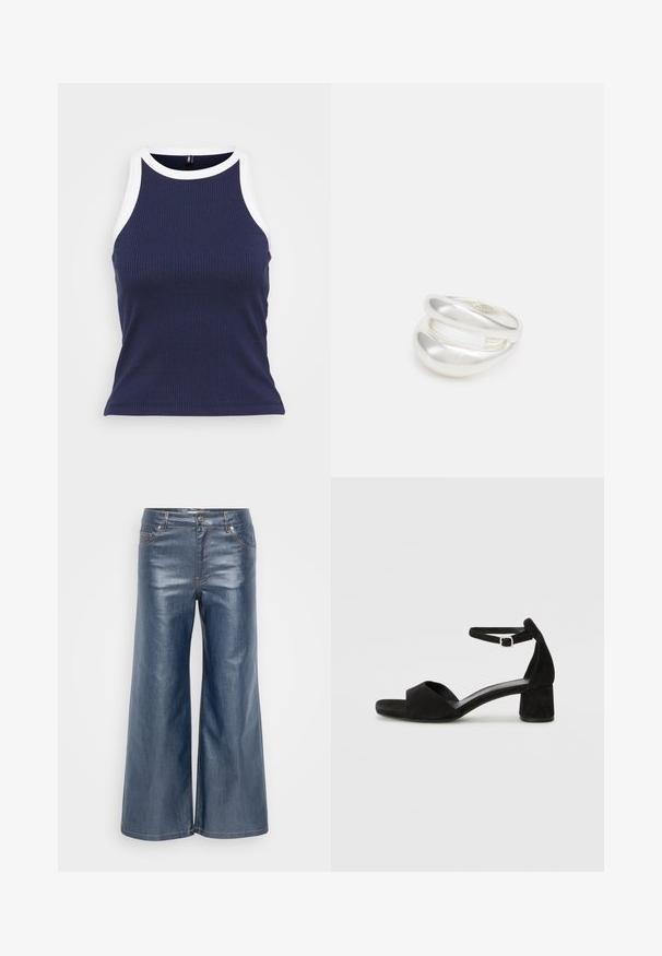 Canottiera a coste blu navy con il bordo bianco a contrasto lungo il collo e le aperture delle braccia. Vestibilità aderente e tessuto morbido con una texture liscia.; Pantaloni in denim a gamba larga di colore blu scuro, con una texture liscia, design a cinque tasche e cuciture in contrasto. Chiusura anteriore con bottone e zip.; Sandali con tacco in suede nero, con una sottile fascia alla caviglia, design open toe e un discreto tacco a blocco. Texture liscia e decorazioni minime.; Anello doppio in argento con superficie liscia e lucida. Presenta un design fluido e curvo con sezioni sovrapposte per un aspetto moderno.