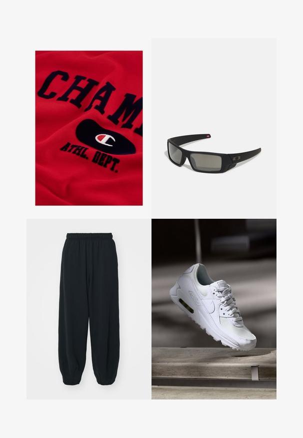 Červená bavlnená mikina s veľkým námorníckym textom "CHAMP" a "ATHL. DEPT." a čiernym oválnym logom obsahujúcim biely a červený emblém.; Čierne tepláky s elastickým pásom, vo voľnom strihu, s manžetami na členkoch, hladkej textúry a bez viditeľných vzorov alebo kovových doplnkov.; Biele tenisky Nike Air Max 90 s vrchnou časťou z kože a sieťoviny, perforovanou špičkou a viditeľnou vzduchovou jednotkou v päte.; Čierne slnečné okuliare s matným povrchom, obdĺžnikové šošovky, mierna krivka na straničkách, nenápadný detail loga a šošovky so zafírovaným tónovaním.