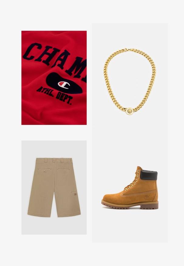 Rode katoenen sweatshirt met grote marineblauwe tekst "CHAMP" en "ATHL. DEPT." en een zwart ovaal logo met een wit en rood embleem.; Lichtbruine shorts met een platte voorkant, twee achterzakken en een zij cargozak. Gemaakt van gladde katoenen stof.; Tan suède enkelboot met zwart gevoerd kraagje, gouden metalen oogjes, witte stikdetails en een robuuste rubberen zool met uitgesproken profiel.; Gouden ketting met grote onderling verbonden schakels, met een ronde hanger in het midden met een verhoogd embleem.