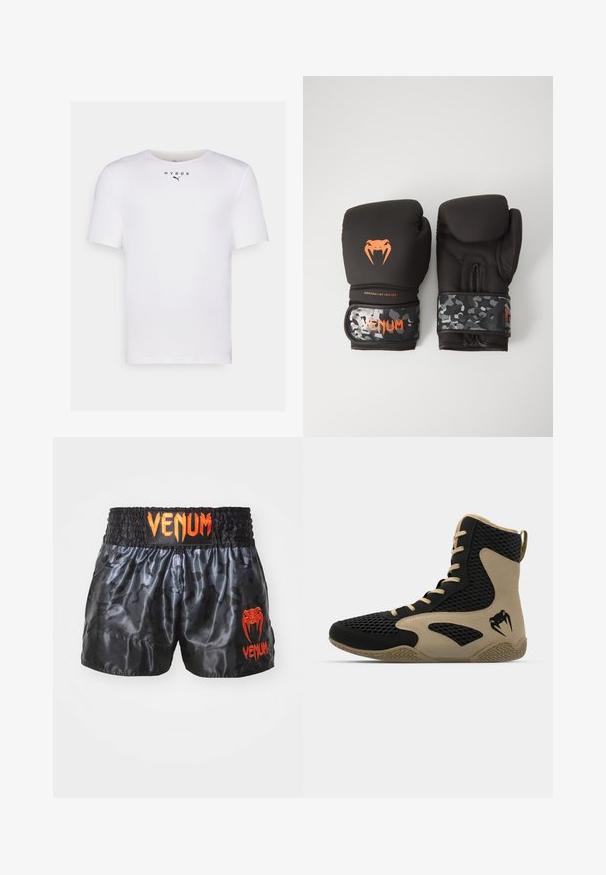 Bílý krátký rukáv tričko s texturovanou tkaninou, které má na hrudi černé logo "HYROX" a emblém PUMA. Kulatý výstřih, standardní střih.; Černé saténové boxerské šortky s maskáčovým vzorem, se stretch pasem a jasně oranžovým logem "VENUM" na přední straně.; Vysoké sportovní boty s černou síťovinou a béžovými akcenty. Texturovaná gumová podrážka a detail loga na boku.; Černé boxerské rukavice s matným povrchem a ergonomickým designem. Oranžové logo a zápěstní pásky s maskovacím vzorem.