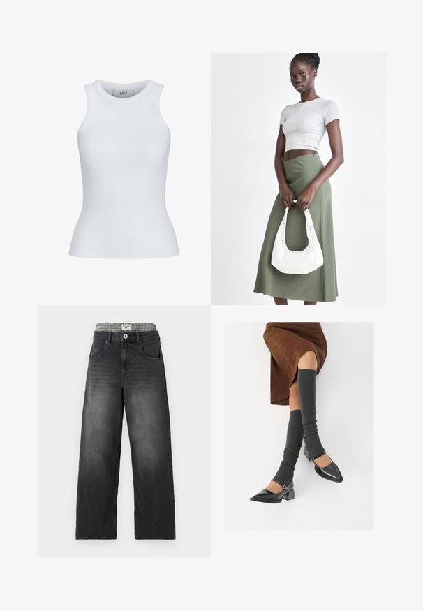 Valkoinen ribbineuleinen hihaton toppi, jossa on pyöreä pääntie. Siinä on kapea malli ja pehmeä rakenne, joka soveltuu kerroksittain käytettäväksi.; Mustat farkut leveillä lahkeilla, joissa on houndstooth-kuvioitu vyötärö. Ominaisuuksiin kuuluu etutaskut ja nappikiinnitys. Kuluneet yksityiskohdat.; Musta lakattu nahkakengät teräväkärkisillä, leveällä kantapäällä ja nilkkahihnalla, yhdistettynä harmaisiin ribattuihin säärystimiin ja ruskeaan mokkasiinimekkoon.; Harmaa ribbattu crop-top ja oliivinvihreä korkeavyötäröinen hame. Malli pitää valkoista olkalaukkua, jossa on leikattu yksityiskohtia. Yksinkertainen muotoilu, vartalonmyötäinen siluetti.