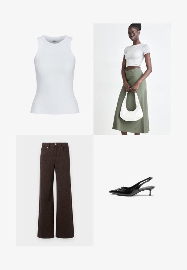 Baltos juostos marškiniai su apvali iškirpte ir be rankovių dizainu. Turi liekną siluetą ir švelnų tekstūrą, tinkamus dėvėti sluoksniais.; Rudos plačiakojai džinsai su subtiliu leopardų raštu, pagaminti iš denim medžiagos su glotnia tekstūra ir klasikinio penkių kišenių dizainu.; Juodos odinės slingback aukštakulniai su smailiu nosiu, mažais katės kulnais ir dekoratyvine mazgo detale priekyje. Visas paviršius lygus.; Pilka juostuota trumpa palaidinė ir alyvuogių žalios spalvos aukšto liemens sijonas. Modelis laiko baltą petį krepšį su išpjovomis. Paprastas dizainas, prigludusi siluetas.