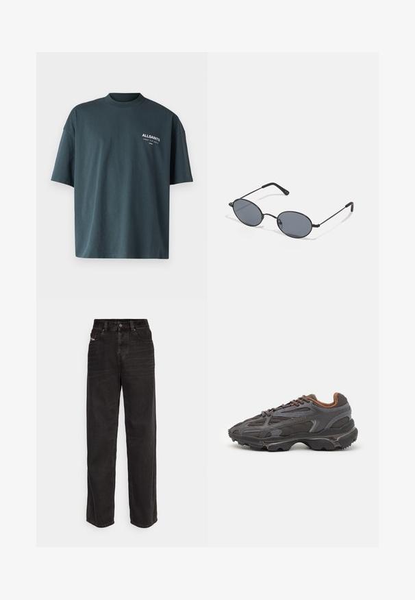 AllSaints UNDERGROUND CREW - T-shirt estampada - universe blue; Calças de ganga pretas de perna larga com cintura alta, fecho frontal por botão, dois bolsos laterais e detalhes de costura discretos.; Ténis Lacoste em cinza-escuro com material em malha e sintético, apresentando uma sola texturizada e detalhes castanhos na gola e na marca.; Óculos de sol ovais pretos com lentes escuras e estruturas de metal finas. Apresenta hastes delgadas com uma leve curva nas extremidades.