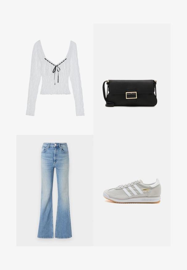 Maglietta bianca a maniche lunghe con tessuto testurizzato, scollatura a V profonda e un nastro nero legato al centro. Corpetto arricciato con orlo svasato.; Jeans flared di colore blu chiaro in denim, dotati di vita alta, design a cinque tasche e una leggera sfumatura verso l'orlo.; Sneaker grigio chiaro realizzato in suede e rete, con tre strisce bianche, punta arrotondata e suola in gomma color caramello. Accento del logo dorato vicino ai lacci.; Borsa a mano in pelle nera con patta e dettaglio in metallo dorato. Include una tracolla nera e un design elegante e minimalista.; Orecchini a cerchio in argento con un design torciglionato, caratterizzati da una finitura lucida e chiusura a perno. Misurano circa 3 cm di diametro.