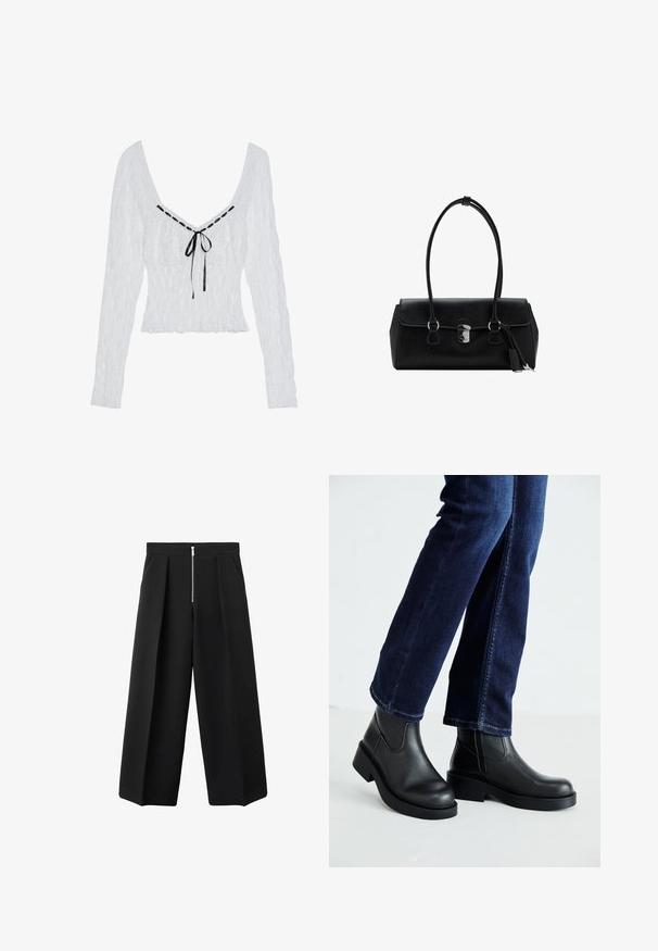 Weißes Langarmoberteil mit strukturiertem Stoff, tiefem V-Ausschnitt und einem schwarzen Satinband in der Mitte. Raffung am Oberteil mit ausgestelltem Saum.; Schwarze weit geschnittene Hose mit vorderen Falten und einem sichtbaren silbernen Reißverschlussverschluss an der Taille, flacher Front und seitlichen Taschen.; Schwarze Lederstiefeletten mit einer dicken Sohle und seitlichen Elastikeinsätzen, kombiniert mit dunkelblauen Jeans. Der Boden ist hellfarbig.; Schwarze Lederhandtasche mit glatter Textur, strukturiertem Design, doppelten Griffen und einem silbernen Verschlussdetail in der Mitte.