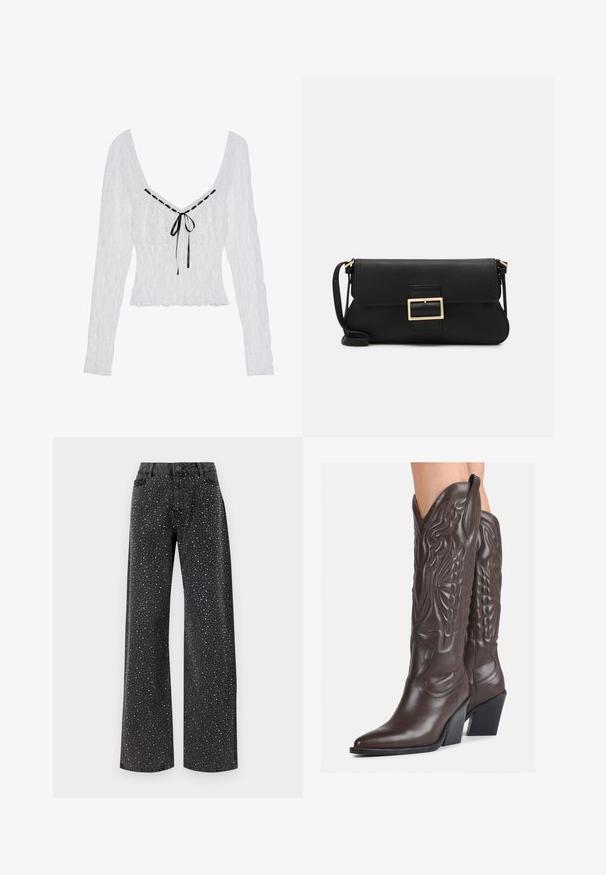 Bijela majica dugih rukava s teksturiranom tkaninom, dubokim V-izrezom i crnom vrpcom na središnjem dijelu. Nabran korzet s raširenim rubom.; Noisy May NMJANNEL LOOSE - Traperice opuštenog kroja - black denim; Smeđe kožne kauboj čizme s šiljastim vrhom i blok-potpeticom, s detaljno izvezenim šavovima i uzdignutim naglascima na okovu.; Crna kožna clutch torbica s preklopom i zlatnim metalnim detaljem kopče. Uključuje crnu trakicu i elegantan, minimalistički dizajn.; Srebrne okrugle naušnice s minimalističkim dizajnom. Kružni oblik, glatka tekstura i tanak profil. Lagane s poliranim završetkom.