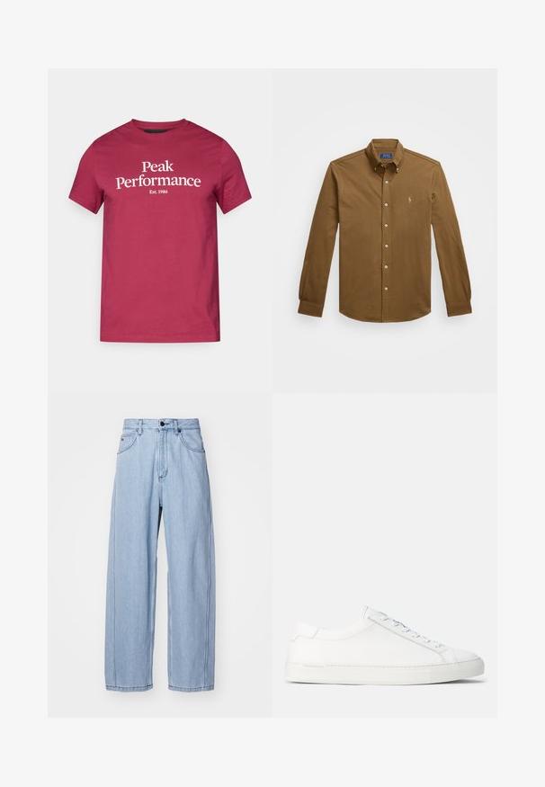 Mørkerød bomulds t-shirt med hvid tekst "Peak Performance" og "Est. 1986." Korte ærmer og klassisk rund halsudskæring.; Brun langærmet skjorte med knaplukning lavet af bomuld. Har en Krave, knaplukning foran og et lille broderet logo på brystet.; Lysblå denimjeans med bred bendesign, der har forlommer, en knaplukning og detaljeret syninger langs sømmene.; Hvide lædersneakers med en glat overflade, rund form, flad gummisål og hvide snørebånd. Har et minimalistisk design og diskret branding.