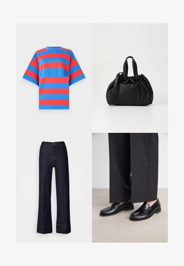 Marimekko RIPITTI - Tričko s potlačou - blue/red; Tmavé deninové nohavice s širokými nohavicami a vysokým pásom, s predným zapínaním na gombík a oranžovými švami. Hladká textura po celom obvode.; Čierne kožené loafery s hladkým povrchom, prešité detaily okolo špičky a nízkou gumovou podrážkou. V kombinácii s voľnými čiernymi nohavicami.; Čierna kožená kabelka so zberaným vrchom, s dvoma krátkymi držadlami a dlhým nastaviteľným popruhom. Hladká textura, zaoblený tvar.