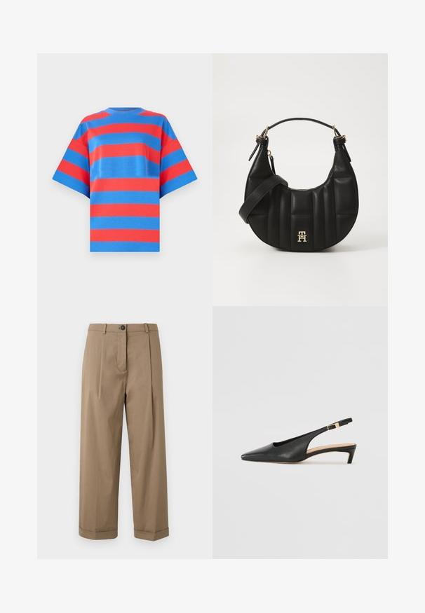 Marimekko RIPITTI - T-shirts med print - blue/red; Brune, vide bukser med flad front og dechiffrede folder, knaplukning og opfoldede manchetter, lavet af glat stof.; Svart lær slingback hæl med spiss tå, lav hæl og justerbar ankelrem med en gullfarget spenne. Glatt tekstur.; Svart skinnhåndveske med en buet form, kviltet tekstur og gullhardware. Har en avtagbar skulderrem og logo-detaljer.