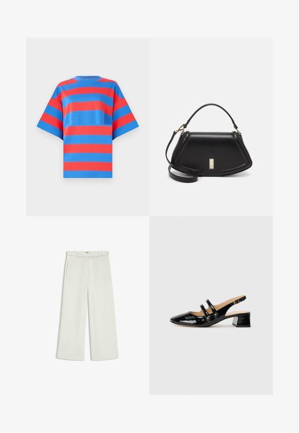 Marimekko RIPITTI - Print T-shirt - blue/red; Wide-leg pants in light cream fabric, featuring side pockets, a flat front, and a single button closure at the waist. Smooth texture.; Black patent leather slingback shoe with pointed toe, two strap detail, gold circular accents, and a low block heel.; Black leather handbag with a structured design, featuring a cropped shape, top handle, and gold hardware accent. Adjustable shoulder strap included.