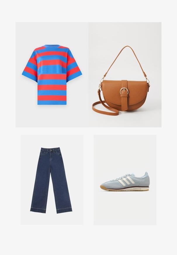 Marimekko RIPITTI - Tričko s potlačou - blue/red; Džínsy s širokými nohavicami v tmavomodrom denime. Majú päť vreciek, pútka na opasok a surový spodný lem s viditeľnými švy.; Svetlomodré semišové tenisky s bielymi tromi pruhmi, gumovou podrážkou a textúrovanou sieťovinou. Majú hladký špic a branding na päte.; Hnedá kožená kabelka cez telo s zakriveným tvarom, zlatými kovovými doplnkami a akcentom s prackou. Obsahuje odnímateľný ramenný popruh.