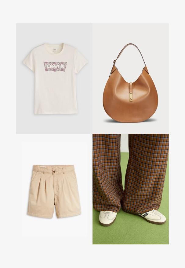 Cream-colored cotton t-shirt featuring a floral-patterned Levi's logo in pink and maroon within a classic logo patch shape. Short sleeves.; Beige shorts made of cotton, featuring a pleated front design, a single button closure, and side pockets. Standard hem with no patterns.; Brown and blue plaid wide-leg trousers paired with white shoes featuring black accents and textured soles, set against a green background.; Tan leather handbag with a curved shape and a wide shoulder strap. Features a gold metal accent at the center and smooth texture.