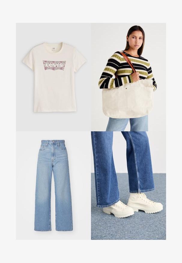 T-shirt de algodão na cor creme com um logótipo da Levi's em padrão floral nas cores rosa e bordô, dentro de uma forma clássica de patch. Mangas curtas.; Jeans de cintura alta e perna larga em azul claro, com fecho frontal de botão e zíper, bolsos frontais e traseiros, sobre um fundo branco.; Ténis brancos de cano alto com solas grossas e estriadas e detalhe de logótipo circular, usados com jeans de ganga de perna larga em azul claro.; Grande bolsa de lona bege com alças de couro castanho, apresentando um design minimalista e costuras visíveis como destaque.