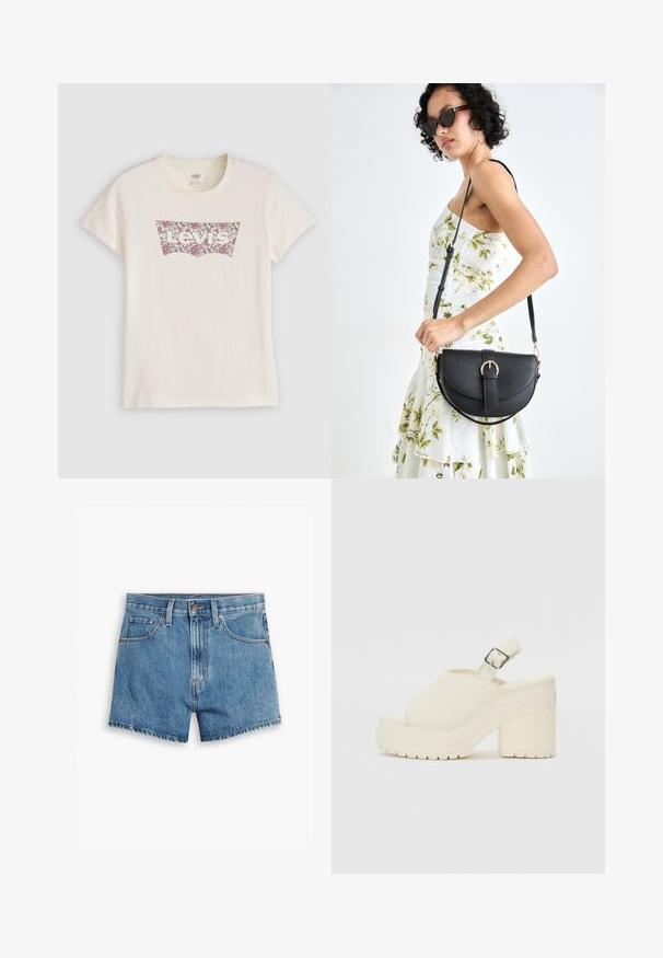 Kremo spalvos medvilninė marškinė su gėlių raštą turinčiu Levi's logotipu rožinės ir bordo spalvų, esančiu klasikiniame logotipo patekimo formate. Trumpomis rankovėmis.; Šviesiai mėlyni džinsiniai šortai, turintys penkis kišenes, užtrauktuko užsegimą ir mygtuko uždarymą. Apačia yra nusidėvėjusi, o dizainas yra laisvo pjūvio.; Baltos platformos bateliai su atvira nosimi ir užsegimu ant kulno. Pagaminti iš tekstūruoto medžiagos, pasižymi storu padu su sukibimo raštais.; Juodas odinis krepšys su išlenkta forma, nuimamu dirželiu ir auksiniais detalėmis. Krepšys turi kilpą su sagtimi.