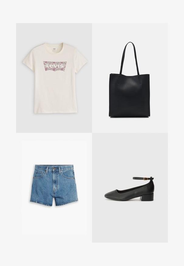 Cream-colored cotton t-shirt featuring a floral-patterned Levi's logo in pink and maroon within a classic logo patch shape. Short sleeves.; Denim shorts in light blue, featuring five pockets, a zip fly, and a button closure. The hem is frayed with a relaxed fit design.; Black leather pump with a pointed toe and a low block heel. Features an ankle strap with a gold-tone buckle. Smooth texture.; Black leather tote bag with smooth texture, rectangular shape, and two long handles. No visible hardware or embellishments.