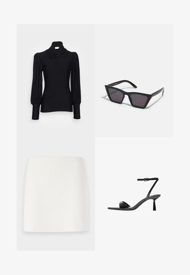 Czarny top z długim rękawem i wysokim kołnierzem, z bufiastymi ramionami i dopasowanymi rękawami. Wykonany z gładkiego, elastycznego materiału.; Biała, dopasowana mini spódnica o gładkiej fakturze i prostych liniach. Brak widocznych wzorów i akcesoriów. Prosty dół.; Bershka - Sandały na obcasie; Czarne, kanciaste okulary przeciwsłoneczne z szarymi soczewkami; wykonane z plastiku, z grubymi zausznikami o gładkiej powierzchni i bez widocznych elementów metalowych.; Czarna zamszowa kopertówka z zapięciem na zamek i odpinanym paskiem na nadgarstek. Wyposażona w elementy w kolorze złotym oraz gładką, matową fakturę.