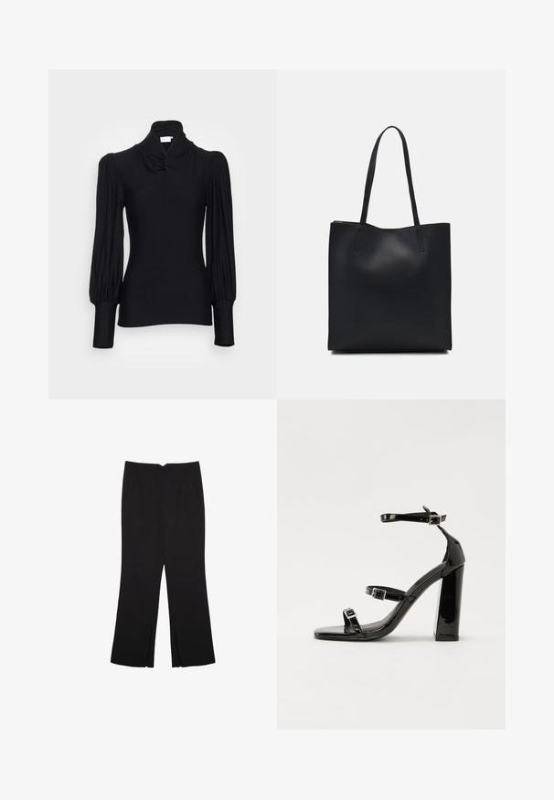 Čierny top s dlhým rukávom a vysokým krkom, s nariasenými ramenami a prispôsobenými rukávmi. Vyrobený z hladkého, pružného materiálu.; Čierne nohavice so strihom rovného strihu, s prednými vreckami a bočnými rozparkami na leme. Vyrobené z mäkkej, hladkej tkaniny. Vhodné na rôzne príležitosti.; Čierne lakované sandále na podpätku so štvorcovou špičkou, navlečenými remienkami okolo členku a striebornými prackami. Disponujú masívnym blokovým podpätkom pre stabilitu.; Čierna kožená taška na rameno s hladkým povrchom, obdĺžnikovým tvarom a dvoma dlhými uchami. Bez viditeľného kovania alebo ozdôb.