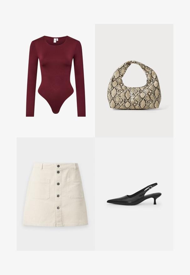 Body din bordeaux, cu mânecă lungă, realizat dintr-un material neted și elastic; are un decolteu rotund și un fund de tip thong, dotat cu închidere cu capse.; Fustă mini din corduroy bej cu închidere frontală prin butoane, două buzunare mari aplicate și bucle pentru cingătoare la talie.; Sandal din piele neagră, cu vârf ascuțit și toc subțire, curbat. Are o curea ajustabilă discretă, cu o cataramă din metal.; Geantă cu imprimeu de șarpe, având un mâner curbat. Fabricată din materiale texturate, bej și maronii, cu un model distinctiv în formă de diamant.