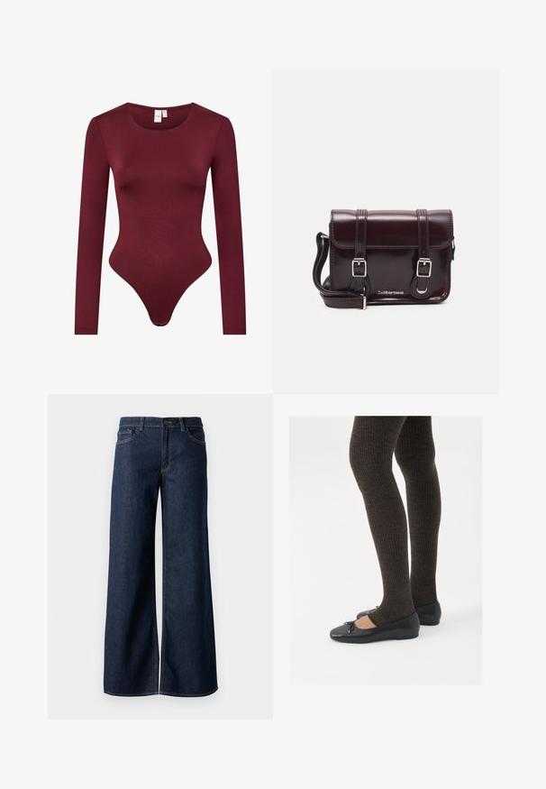 Body lungo bordeaux in tessuto liscio e elasticizzato; presenta un collo rotondo e una parte inferiore a stringere con chiusura a scatto.; Jeans a gamba larga in denim blu scuro. Presentano cuciture a contrasto, cinque tasche e una chiusura con bottone in vita. Texture morbida.; Scarpe nere a flat con un piccolo fiocco sulla punta, abbinate a collant a coste marrone scuro. Le scarpe hanno una texture liscia e un profilo basso.; Borsa a tracolla in pelle verniciata bordeaux con forma rettangolare, due manici, accessori in argento e chiusura a patta.