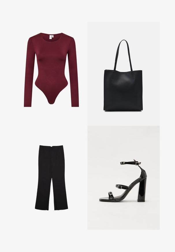 Burgundy long-sleeve bodysuit made of smooth, stretchy fabric; features a rounded neckline and a thong bottom with a snap closure.; Black trousers with a straight fit, featuring front pockets and side slits at the hem. Made of soft, smooth fabric. Suitable for various occasions.; Black patent heeled sandals with a square toe, ankle straps, and silver buckles. Features a chunky block heel for stability.; Black leather tote bag with smooth texture, rectangular shape, and two long handles. No visible hardware or embellishments.