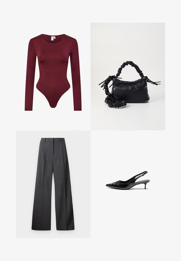 Burgundské bodysuit s dlouhým rukávem vyrobené z hladké, elastické látky; má kulatý výstřih a tanga se zapínáním na patentku.; Široké kalhoty z tmavě šedé látky, s vysokým pasem, jedním skladem a hladkou texturou s čistým zakončením na lemech.; Černé kožené lodičky na slingback s špičatou špičkou, malým podpatkem typu kitten a ozdobným uzlem na přední straně. Hladký povrch po celém obvodu.; Černá kabelka z umělé kůže s krokodýlím vzorem, staženým vrškem a zmačkaným popruhem. Zdá se, že má měkký a kompaktní design.
