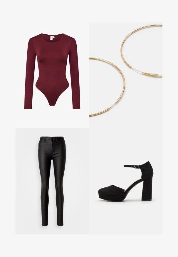 Burgundské bodysuit s dlouhým rukávem vyrobené z hladké, elastické látky; má kulatý výstřih a tanga se zapínáním na patentku.; Černé skinny džíny z umělé kůže s hladkým povrchem, vysokým pasem, zapínáním na knoflík a tradičním pěti-pocket designem.; Černé zamšové platformové podpatky s širokým blokovým podpatkem, zaoblenou špičkou a kotníkovým páskem, který je zajištěn kovovou sponou. Hladký povrch po celém obvodu.; Zlaté kruhové náušnice, tenké a kulaté, s hladkým kovovým povrchem a bez zdobení či vzorů.; Černá kožená peněženka s překlopným víkem, zlatými prvky a logem. Obsahuje odnímatelný popruh pro nošení.