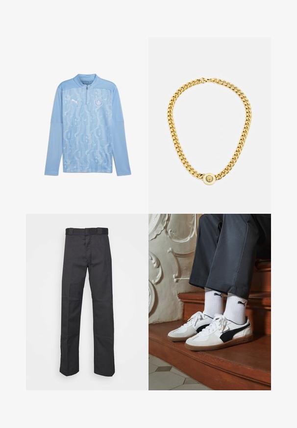 Svetlo modri športni pulover z zasnovo četrtnega zadrge, ki vsebuje subtilen numerični vzorec in logotip Manchester City na prsih.; Črne hlače iz trpežnega blaga, z ravnim krojem, pasom z zankami za pas in šivi za dodano teksturo.; Puma superge v beli in črni usnjeni izvedbi, sročene s rjavim gumijastim podplatom. Usklajene z belimi nogavicami z črnim logotipom, nosijo se s temnimi hlačami.; Zlata verižica z velikimi medsebojnimi povezavami, ki ima v središču krožni obesek z izbočenim grbom.