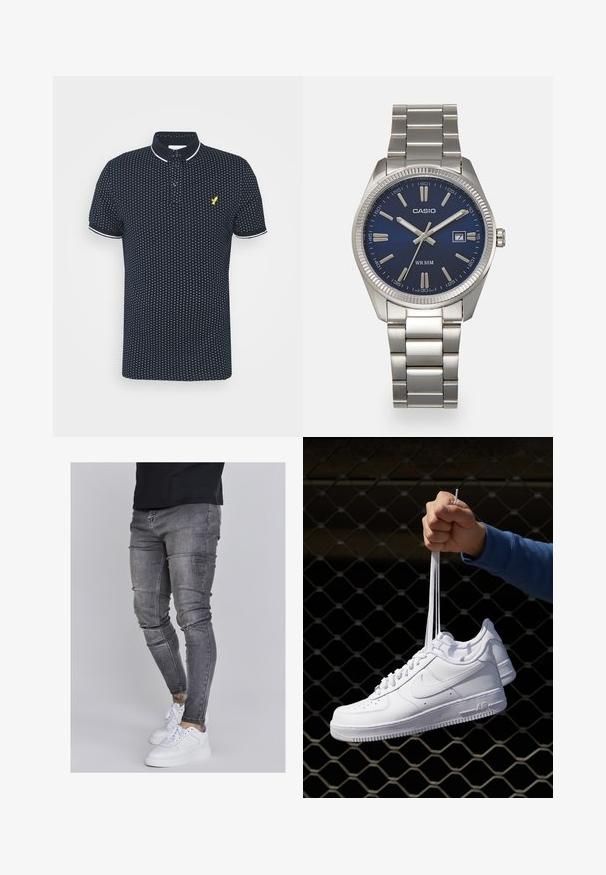 Marineblå polo-shirt med små hvide prikker, korte ærmer, hvide accenter på kraven og ærmerne, samt et gult logo på brystet.; Slank jeans i falmet grå denim med slidte detaljer ved knæene, parret med hvide sneakers. Glat tekstur, slim fit design.; Hvide lædersneakers med perforeringer, rund tå, flad sål og tykke snørebånd, med et synligt swoosh-logo og "AIR" på hælen.; Sølv rustfrit stål urrem med en marineblå urskive, metallic timemarkører og et datovindue kl. 3. Vandafvisende op til 50 meter.