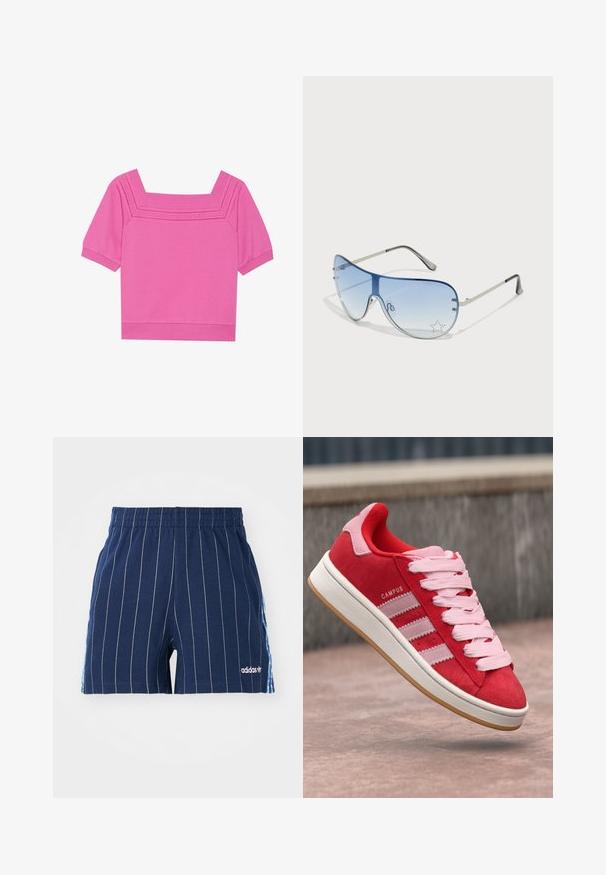 Kort rosa bomullstopp med firkantet hals, korte ermer og perforerte detaljer rundt halsen. Glatt tekstur, avslappet design.; Mørkeblå shorts med hvite striper, elastisk midje og Adidas-logo. Har blå detaljer på sidene, laget av en bomullsblanding.; Røde semskede joggesko med rosa detaljer, med tre hvite striper og lyserosa snører. Hvit såle og gummisåle.; Pilotbriller med gradient blå linse, sølvfarget metallramme og dekorative stjerneaksenter på linsen. Glatt og stilren design.