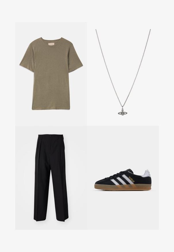 Olīvzaļa īsām piedurknēm T-krekls ar apaļu kakla izgriezumu, izgatavots no mīksta auduma. Iespējamie taisnie maldi un nav redzamu rakstu vai akcentu.; Melnas plisētās bikses ar taisnu, plata kāja dizainu. Izgatavotas no gludas auduma, ar pogu aizdari un jostas cilpiņām.; Melnas zamša sporta apavi ar baltām svītrām, brūnu gumijas zoli un zelta "Gazelle" logotipu. Klasisks zemu profilu dizains, kas ietver teksturētu augšdaļu.; Sudraba ķēdes kaklarota ar detalizētu piekariņu, kas veidots planētas formā, kas rotāta ar maziem akcentiem un sarežģītiem rakstiem.