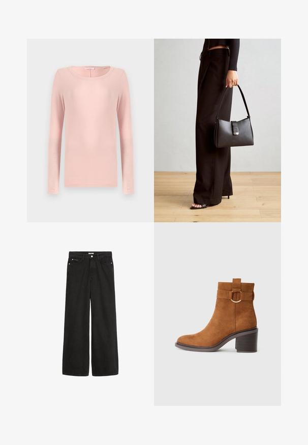 Hosszú ujjú, kerek nyakú póló puha rózsaszín anyagból, egyszerű designnal és sima felülettel. Nincsenek látható minták vagy díszítések.; Széles lábú fekete farmernadrág magas derékkal. Öt zseb, fémalkatrészek és letisztult kivitel jellemzi. A textúra sima és puha.; Barna velúr bokacsizma kerek orral, tömbsarokkal és díszes pánttal, amelyen kör alakú csat részlet található.; Fekete kézi táska strukturált formával, sima textúrával és fémből készült záródással. Széles fekete nadrággal és nyitott orrú szandállal párosítva, fából készült padlón.