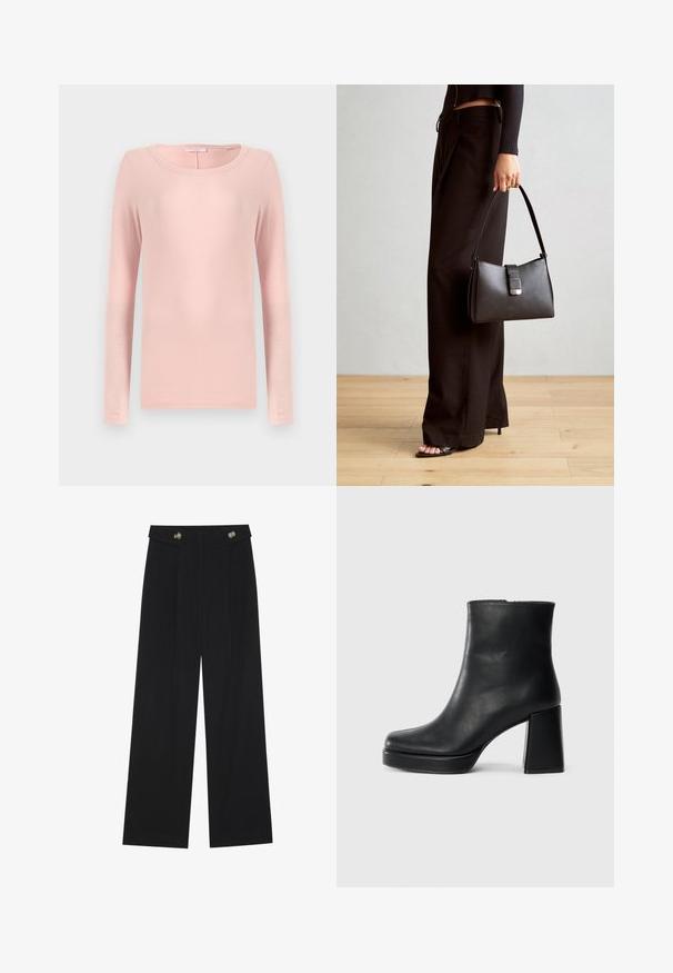 Long-sleeve, round-neck t-shirt in soft pink fabric, featuring a simple design and smooth texture. No visible patterns or accents.; Black wide-leg trousers with high waist, button details on waistband, and front pleats.; Black leather ankle boot with a block heel and platform sole, viewed from the side on a plain white background.; Black handbag with structured shape, smooth texture, and a metallic clasp. Paired with wide black pants and open-toe sandals on wooden floor.