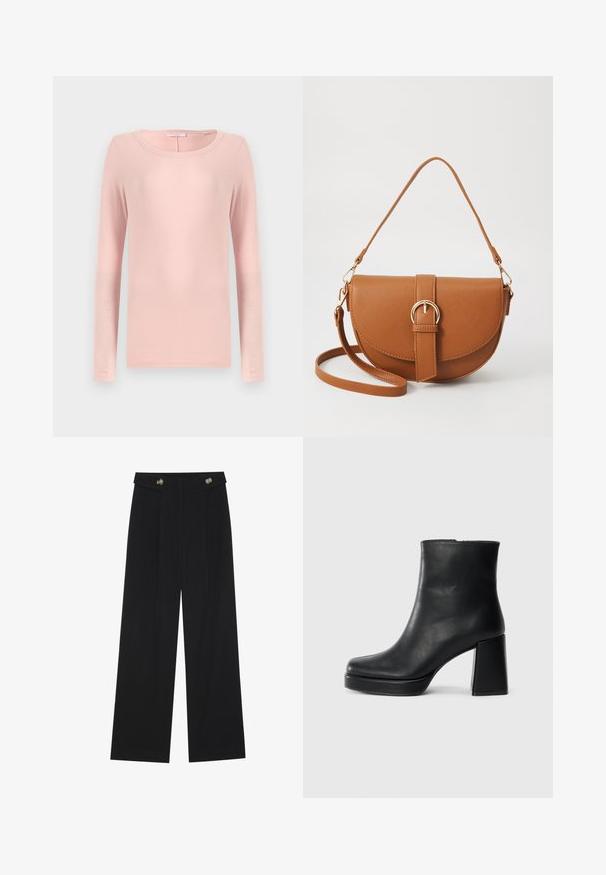 Long-sleeve, round-neck t-shirt in soft pink fabric, featuring a simple design and smooth texture. No visible patterns or accents.; Black wide-leg trousers with high waist, button details on waistband, and front pleats.; Black leather ankle boot with a block heel and platform sole, viewed from the side on a plain white background.; Brown leather crossbody bag with a curved shape, gold hardware, and a buckle accent. Features a detachable shoulder strap.