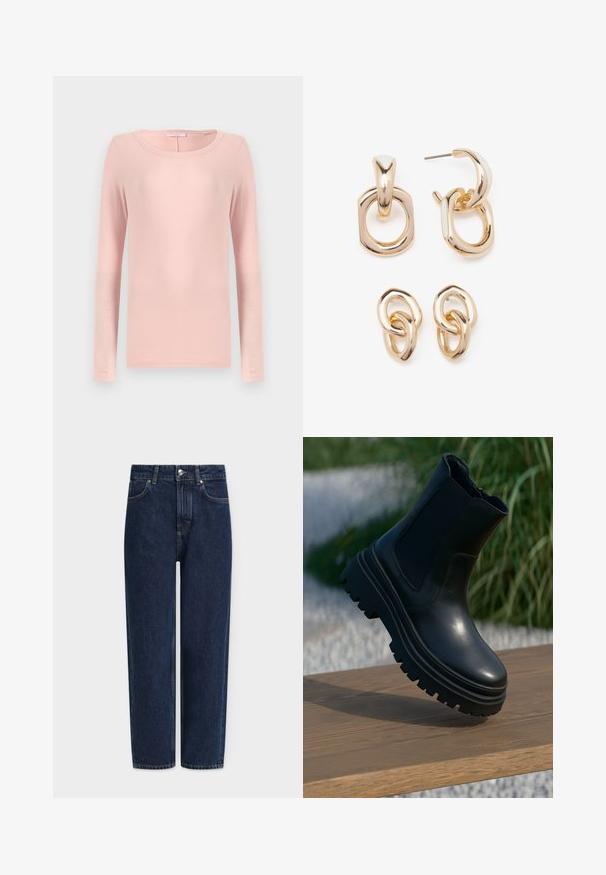 Ilga rankovė, apvalaus kaklo marškinėliai minkštos rožinės spalvos audinyje, su paprastu dizainu ir lygia tekstūra. Nėra matomų raštų ar akcentų.; Tamsiai mėlyni džinsai iš džinsinio audinio su tiesiomis kelnėmis, aukštu liemeniu, sidabro spalvos detalėmis, priekinėmis kišenėmis ir subtiliomis siuvimo detalėmis. Klasikinis penkių kišenių dizainas.; Juodos odinės aulinės botai su masyviu padu, elastingomis šoninėmis detalėmis ir lygia apdaila. Iškeltas dizainas su kontrastu pateikta pado detale.; Auksu padengti auskarai, turintys įvairių geometrinių formų mišinį: kvadratą, ratą ir sujungtus ovalus su poliruotu paviršiumi.