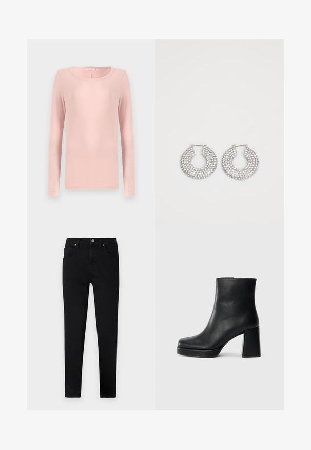 Langermet t-skjorte med rund hals i myk rosa tekstil, med et enkelt design og glatt tekstur. Ingen synlige mønstre eller detaljer.; Sorte denim jeans med slank passform, med knappelukking foran, beltehemper og klassisk fem-lommers design. Glatt tekstur.; Sorte skinnankelsko med blokkhæl og plattformsåle, sett fra siden på en enkel hvit bakgrunn.; Sølv hoop øredobber prydet med flere klare krystallpynt, med en teksturert overflate og et åpent sirkulært design.