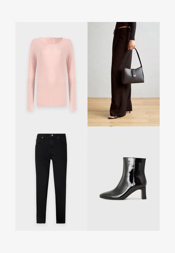 Majica z dolgimi rokavi in okroglim izrezom v mehki roza tkanini, z enostavnim dizajnom in gladko teksturo. Brez vidnih vzorcev ali dodatkov.; Črne jeans hlače z ožjim krojem, s sprednjim gumbom za zapiranje, zankami za pas in klasičnim oblikovanjem petih žepov. Gladka tekstura.; Črne lakirane gležnjarje z ošiljenim nosom in srednje visokim blokastim peto. Gladka tekstura in minimalističen dizajn.; Črna torbica z strukturirano obliko, gladko teksturo in kovinskim zaponko. Ujemajo se z širokimi črnimi hlačami in odprtimi sandali na lesenem tleh.