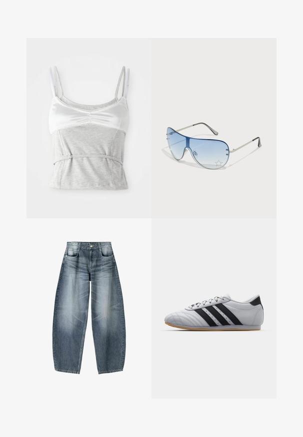 Gray and white camisole with adjustable straps, featuring a satin upper section and a textured gray cotton lower section, cinched at the waist.; Wide-leg jeans made of light blue denim with fading, featuring a five-pocket design, button fly, and minimal stitching details.; Gray athletic shoes with a smooth leather finish, featuring three black stripes, a rounded toe, and a gum rubber sole.; Aviator sunglasses featuring a gradient blue lens, silver metal frame, and decorative star accents on the lens. Smooth and sleek design.