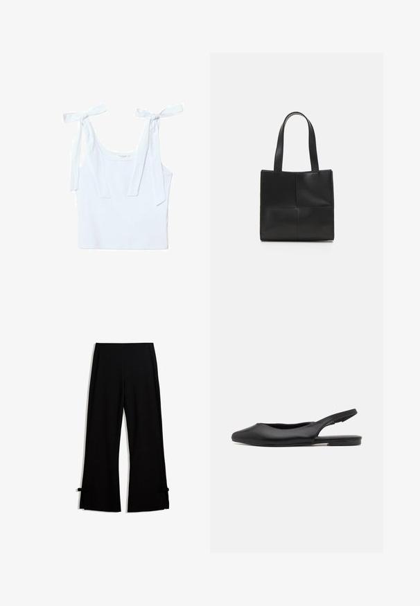 Vit bomullstopp med två knytband, rund halsringning och en figurnära design, med en mjuk och slät textur.; Svarta byxor med vida ben tillverkade av ett mjukt tyg, med sidoklackar som hålls på plats med rosetter vid fållen för extra detalj.; Svart läderslingbackssko med spetsig tå, platt klack och curved cut-out-design. Slät textur och minimalistisk stil.; Svart läder tote-väska med två handtag, rektangulär form, slät yta och sydd paneldesign. Inga beslag eller ytterligare detaljer.