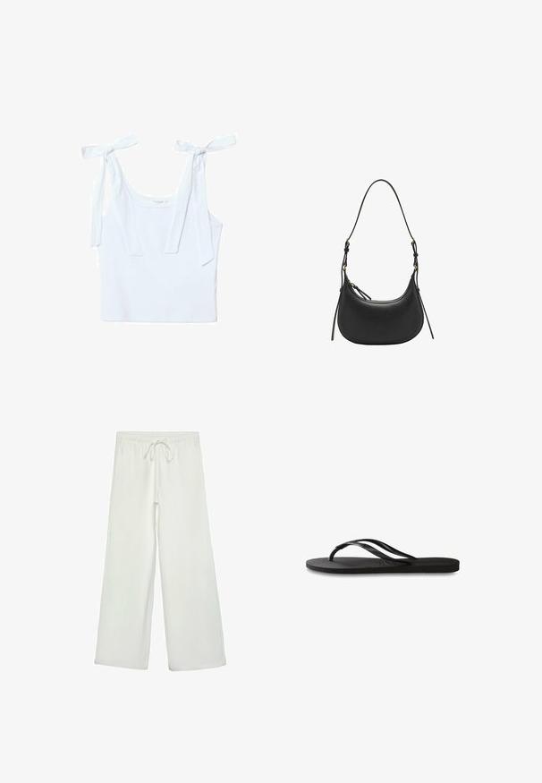 Hvid bomulds tanktop med to knytbarer, rund halsudskæring og tætsiddende design, med en blød, glat tekstur.; Hvide bukser med bred ejer lavet af blødt stof. Har en elastisk talje med snor og en glat tekstur. Ingen synlige mønstre eller hardware.; Sorte flip-flop med en tekstureret gummisål, to slanke stropper og et subtilt, præget logodetalje på stroppen.; Sort læder skuldertaske med en buet form, justerbar rem, guldfarvede beslag og en glat tekstureret overflade.