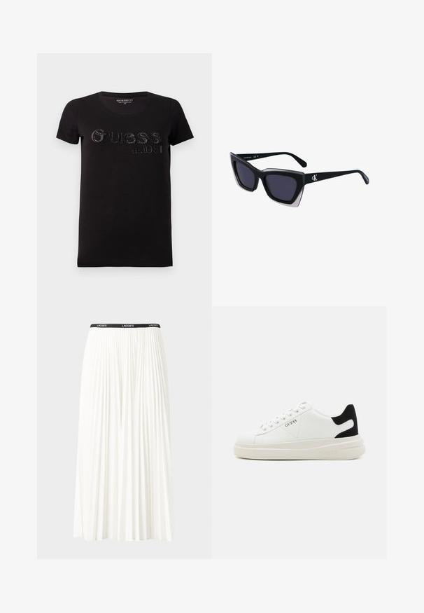 Black cotton t-shirt with short sleeves and round neckline. Features "Guess est. 1981" in raised lettering adorned with silver studs.; Pleated white skirt with a black elastic waistband featuring the "LACOSTE" logo. Mid-length design with soft texture.; White leather sneakers with a thick white sole, black suede heel accent, and embossed logo on the side. Laced design with six eyelets.; Black oversized sunglasses with a geometric shape, featuring dark lenses and a contrasting grey detail on the frame. Logo on the arm.