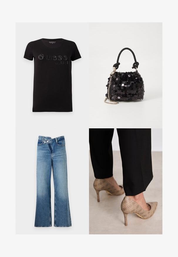Black cotton t-shirt with short sleeves and round neckline. Features "Guess est. 1981" in raised lettering adorned with silver studs.; Light blue denim flared jeans with a high waist, featuring two buttons and front pockets. Fabric has a faded texture with subtle variations.; Beige high-heeled shoes with a textured fabric featuring a repeating pattern. Pointed toe design with a back accent and gold heel detail.; Black sequin mini handbag with a knotted textured strap and silver chain. Rounded shape with gathered top and reflective detailing.