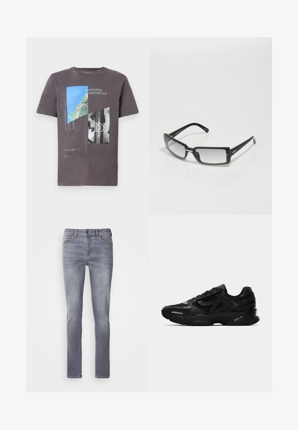Pelēka kokvilnas T-krekls ar grafisko apdruku, kas rotāta ar ziliem un melniem ģeometriskiem elementiem un tekstu, īsām piedurknēm un apaļu kakla izgriezumu.; Gai pelēki džinsi ar taisnu griezumu, ar piecām kabatām, misiņa pogas aizdari un vieglu izbalēšanu uz kājām.; Melnas sporta kedas ar teksturētu virsējo daļu, atstarojošiem akcentiem un mīkstinātiem zolēm. Iespējas ar auklām un zīmola logotipu sānos.; Melnas taisnstūra formas saulesbrilles ar gradienta lēcām, ar masīvu rāmīti un metāla akcentiem uz stariem. Gluda virsma visā.