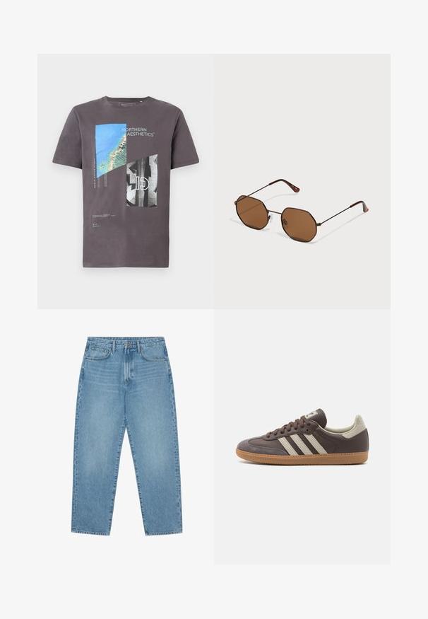 Grå bomull t-skjorte med grafisk trykk av blå og svarte geometriske former og tekst, kortermet, med rund hals.; Lyseblå denim brede benbukser med høy midje, som har fem lommer, beltehemper og en myk, lett falmet tekstur.; Brune lærersneakers med tre lyse striper, gummisåle, rund tå og teksturerte semskede detaljer på hælen og tåen.; Brune oktogonale solbriller med tynne mørke metalrammer, justerbare nesepads og brune tonede linser; stengene har en oransje aksent.