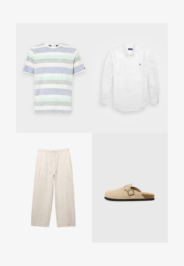 T-shirt rayé blanc, avec des bandes horizontales de bleu clair, vert menthe, gris et bleu foncé. Manches courtes et encolure ras du cou.; Chemise blanche à manches longues en coton avec un col boutonné, affichant un petit logo marine sur la poitrine gauche et un système de fermeture classique par boutons.; Pantalon en lin beige clair, avec une taille élastique dotée d'un cordon de serrage, un design large et des poches latérales. Texture lisse.; Sabots en suède beige à enfiler, avec une semelle en liège, un bout arrondi et une bride simple dotée d'une boucle dorée. Semelle en caoutchouc pour une meilleure adhérence.