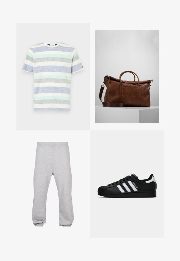 Striped t-shirt i hvid, med vandrette striber i lyseblå, mintgrøn, grå og mørkeblå. Kortærmet og med rund hals.; Grå sweatpants lavet af bomuldsblanding, med elastisk talje, tapered ben og manchetter. Enkel design uden mønstre.; Sort Adidas Superstar sneaker med hvide striber, skaletå og "Superstar"-tekst på siden, vist i sideprofil på hvid baggrund.; Brun læder gymtaske med lynlåslukning, dobbelte håndtag, justerbar skulderrem og synlige teksturmønstre på overfladen.