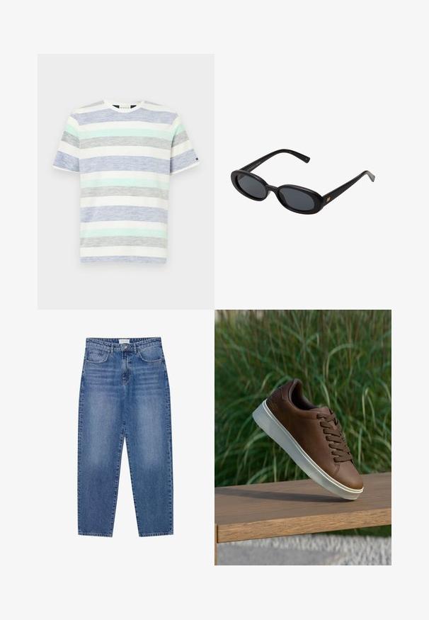 Raidallinen t-paita valkoisena, jossa on vaakasuoria vaaleansinisiä, mintunvihreitä, harmaita ja tummansinisiä palkkeja. Lyhyet hihat ja pyöreä kaula-aukko.; Sininen farkut korkealla vyötäröllä, suora lahje ja haalistunut viimeistely. Sisältää viisi taskua ja nappikiinnityksen.; Ruskeat nahkakengät valkoisella kumipohjalla, pyöristetty kärki ja ruskeat nauhat. Pohjassa on karhea pinta ja yläosassa sileä viimeistely.; Mustat ylisuuruiset aurinkolasit, jotka ovat soikeat linssit, sileä muovikehys ja kultaiset korostukset temppeleissä. Tummat linssit tarjoavat suojaa auringolta.