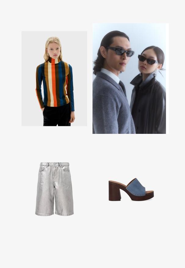 Pestrý rolák s vertikálními pruhy v hnědé, modré, červené a krémové barvě. Dlouhé rukávy, měkká tkanina, přiléhavý střih.; Stříbrné metalické džíny s volným střihem, které mají pět kapes, poutka na opasek a přehnutý lem. Hladký povrch s reflexním vzhledem.; Modré kožené klouzavé sandály s širokým páskem a hnědým blokovým podpatkem, s viditelným šitím podél okrajů.; Sluneční brýle s úhlovými černými rámy na modelce v šedém svetr, který ukazuje texturovaný pletený vzor, a černou koženou bundu, kterou nosí jiný model.; Pytlík na zip v tmavě námořnické barvě, vyrobený z lesklého materiálu, s hladkou texturou a decentním logem na přední straně. Kompaktní a univerzální design.