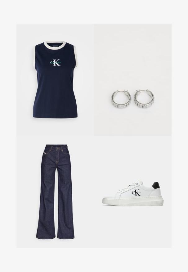 Tengerészkék ujjatlan pamut top fehér bordás nyakkivágással, az elején zöld és fehér "Calvin Klein" logóval. Sima tapintású.; Sötétkék, bő szárú farmernadrág, magas derékkal, narancssárga varrással, öt zsebes kialakítással és gombos zárással.; Fehér alacsony szárú edzőcipő fekete saroktabbal, platform talppal, fűzőkkel és Calvin Klein "CK" logóval az oldalán.; Ezüst fülbevalók, texturált mintával, függőleges barázdákkal. Kerek forma, biztos záródással. Sima felület.