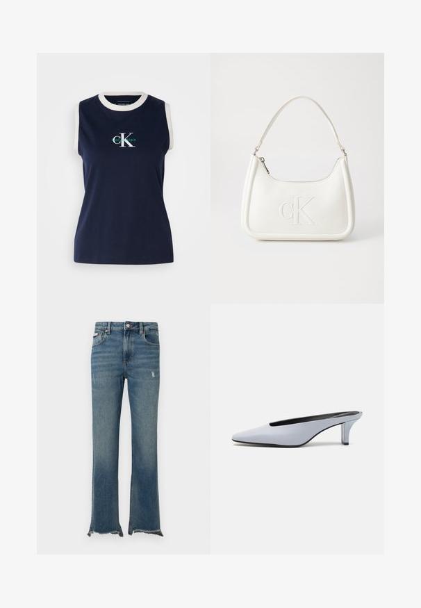Marineblå ermeløs bomullstop med en hvit ribbet halsutringning, med en grønn og hvit "Calvin Klein"-logo på framsiden. Glatt tekstur.; Blå denimjeans med lett slitasje, rå frynsete kanter, frontlommer, beltestropper og knappelukking.; Lys blå patentlær mule med spiss tå, lav gjennomsiktig hæl og en elegant design med utskjæring på vampen.; Hvit lærveske med en buet fasong, med et preget "CK"-logo på forsiden og en enkel skulderstropp. Glidelåslukking på toppen.